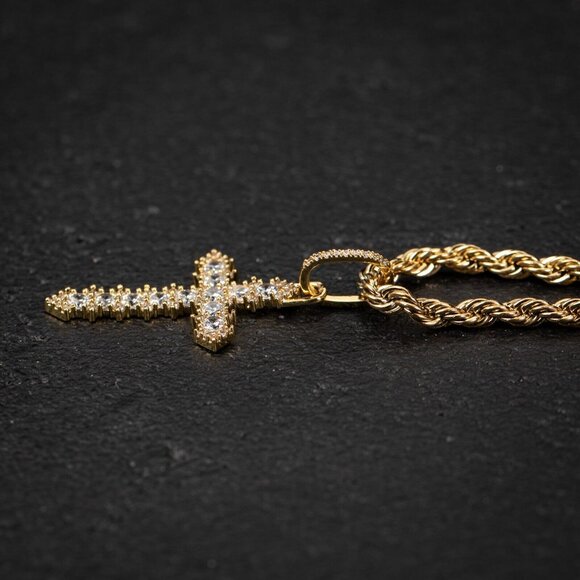 Hip Hop Mini Men's Iced Cz 14K Yellow Gold Cross Pendant Rope Chain Necklace - Picture 5 of 6